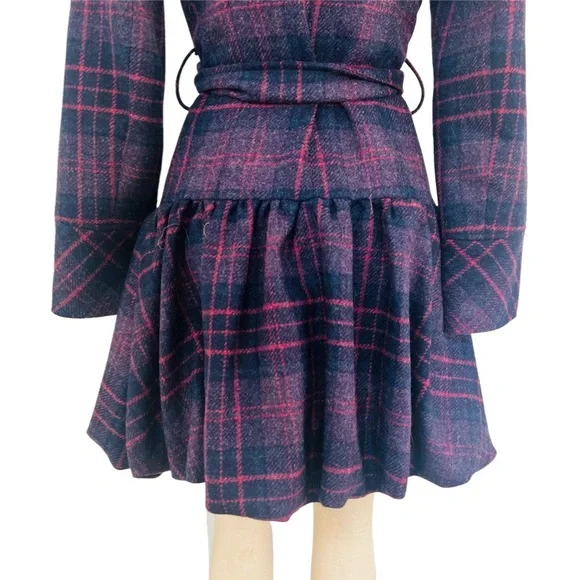 🛑SOLD BERMAN BLACK Plaid Wool Ruffle Peacoat in Navy/Purple Size S - Picture 3 of 11